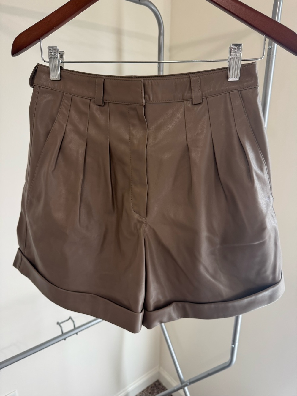 H&M Faux Leather Brown High-Waist Pleated Women’s Shorts